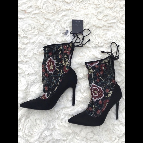 Zara Embroidered Stocking-Style High Heel Pump - Picture 1 of 5